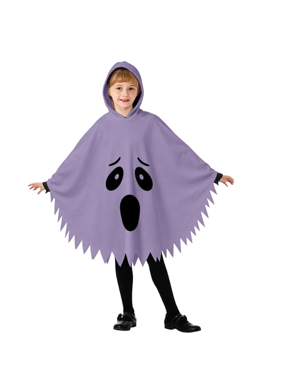 Halloween Loose Cape for Ages 3rd 4th 5th 6th , Ghost Pattern Hooded Poncho, Jagged Edge Pullover Top, Comfort Outerwear for Trick or Treat Outings