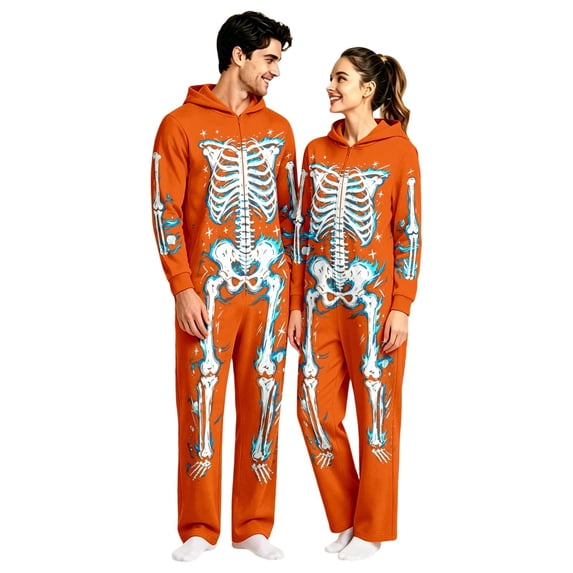 YUEHUA Halloween Onesie, Unisex Skeleton Jumpsuit, Soft Hooded Zip-Up Lounge Wear, Cozy Fall Nightwear for Couples, Bone Print One-Piece Pajamas