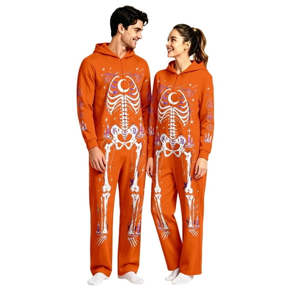 YUEHUA Halloween Onesie, Unisex Skeleton Jumpsuit, Soft Hooded Zip-Up Lounge Wear, Cozy Fall Nightwear for Couples, Bone Print One-Piece Pajamas