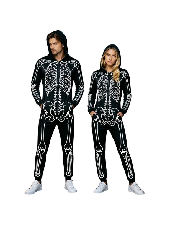 Halloween Sleepwear Onesie, Adult Bone Pattern One-Piece Pajamas, Warm & Durable for Repeated Use, Perfect for Outdoor Bonfires