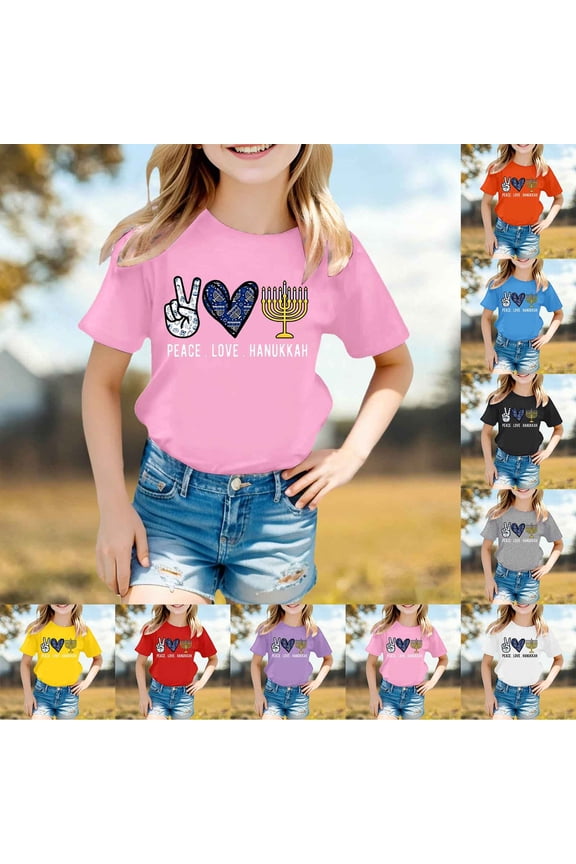 Hanukkah Shirt for Girl Candles T-Shirt Jewish Menorah Chanukah Short Sleeves Tee Tops