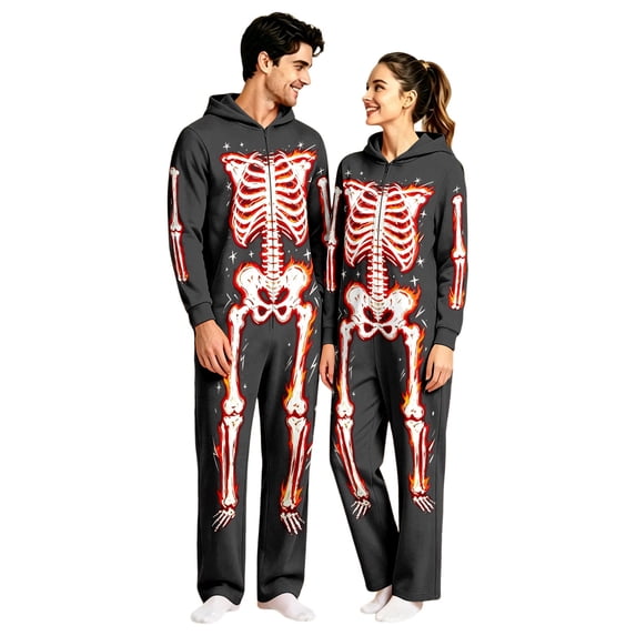 YUEHUA Holiday Sleepwear Jumpsuit, Unisex Skeleton Pattern One-Piece Pajamas, Soft & Warm for Layering, Perfect for Couple's Outings
