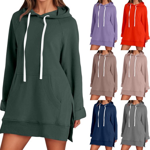 YUEHUA Hoodies for Women Fashion Split Hem Drawstring Casual Long Sleeve Sweatshirts Tops with Pockets