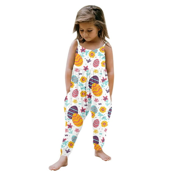 YUEHUA Jumpsuits for Kid Girls Casual Sleeveless Loose Spaghetti Strap Summer Rompers Overalls Bell Bottom Long Pants with Pockets