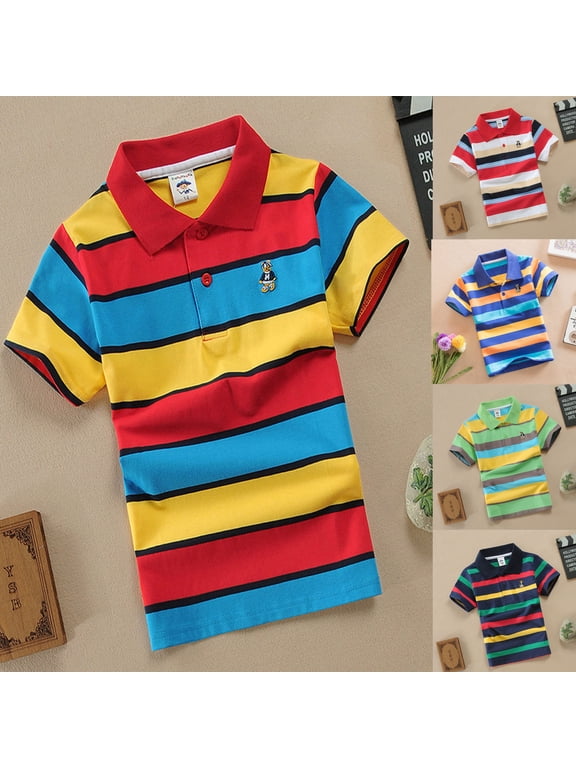 Kid Boys Girls T Shirt Rainbow Striped Cotton Short Sleeve Lapel Shirts Tees for Kids Fashion Comfortable Summer Clothes