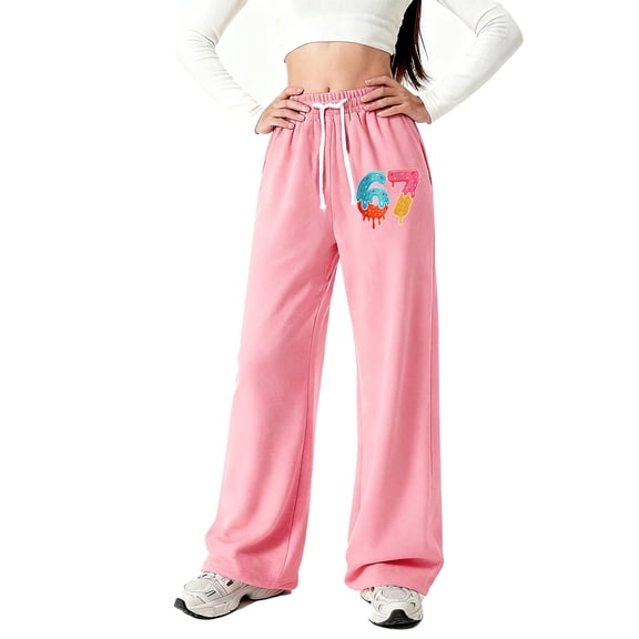 YUEHUA Kid Girls 67 Ice Cream Wide Leg Sweatpants Baggy 6 7 Meme Loose Fall Barrel Casual Lounge Athletic Pants Comfy Teen Girl Cute Six Seven y2k Joggers, 8-9 Years