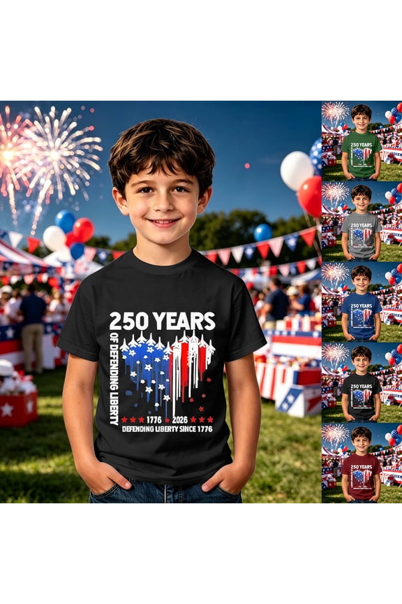 Kids 250 Years Defending Liberty Patriotic T-Shirt, Boys Girls Military Plane Print Tee, Short Sleeve Top for Independence Day