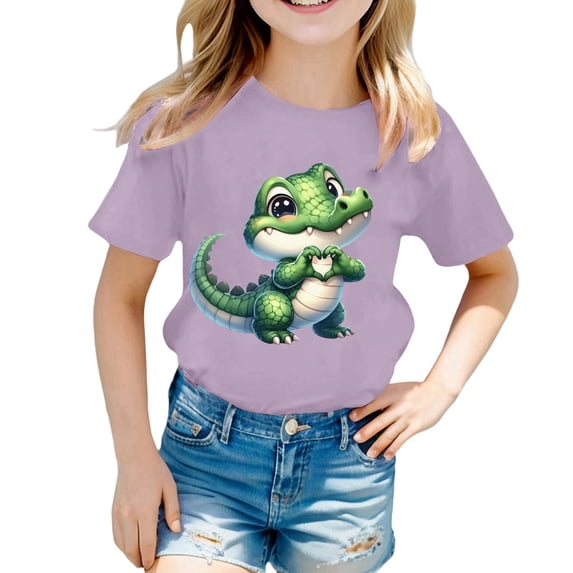 YUEHUA Kids Athletic Girls Shirts Girls Summer Short Sleeve T Shirt Cute Animal Print Casual Loose Fit Tee for Kids Comfortable Daily Wear Top for Spring and Summer, Size 6-7 Years