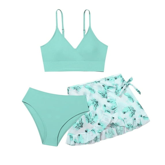 YUEHUA Kids Bathing Suit 3Pcs, Strawberry Print Top with Red Accent Skirt & Bottom Swimwear, Size 8-9 years