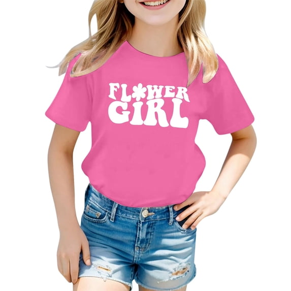 YUEHUA Kids' Flower Girl Graphic T-Shirt, Girls' Casual Short Sleeve Tee, Cute Floral Letter Print Top for Wedding & Special Occasions