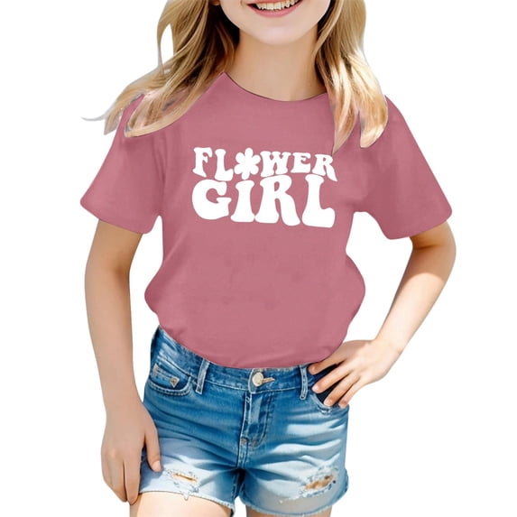 YUEHUA Kids' Flower Girl Graphic T-Shirt, Girls' Casual Short Sleeve Tee, Cute Floral Letter Print Top for Wedding & Special Occasions