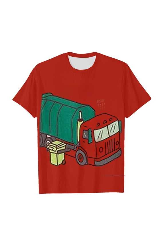Kids' Garbage Truck Graphic T-Shirt, Boys' Short Sleeve Tee, Cartoon Waste Vehicle Print Top for Little Truck Lovers