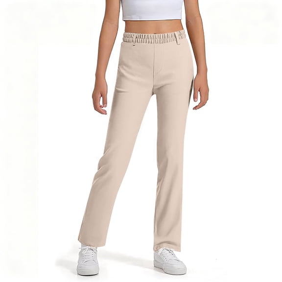 YUEHUA Kids Girls Uniform Pants Fall Solid Color Stretch Elastic Waist Pants with Pockets Girls Classic Outdoor Wear (Beige)