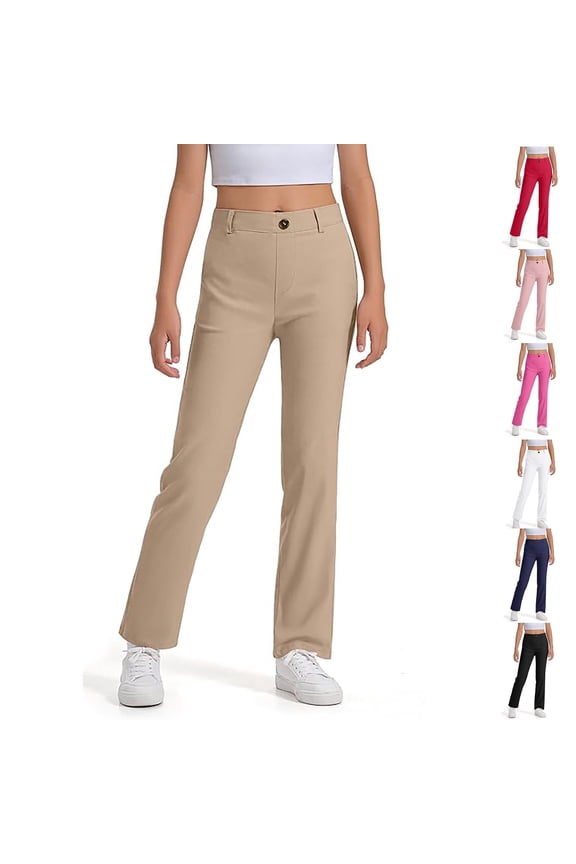 Kids Girls Uniform Pants Fall Solid Color Stretch Elastic Waist Pants with Pockets Girls Classic Outdoor Wear (Khaki)
