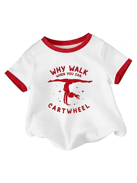 Kids' Gymnastics Cartwheel Ringer T-Shirt, Girls' Short Sleeve Tee, Why Walk When You Can Cartwheel Print Top for Gymnastics