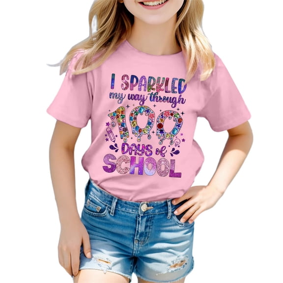 YUEHUA Kids Little Boys Girls 100 Days of School Shirt Short Sleeve Funny Graphic Letters Print Celebration Top