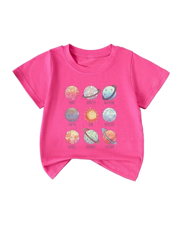 Kids' Solar System Planets Oversized T-Shirt, Girls' Casual Short Sleeve Tee, Space Print Top for Science Lovers