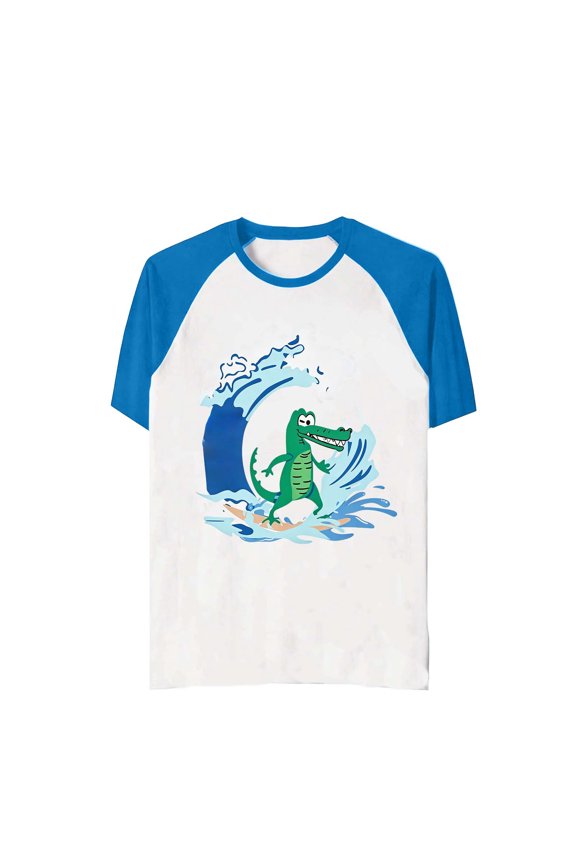 Kids' Surfing Crocodile Wave Print T-Shirt, Boys' Cartoon Alligator Graphic Tee, Summer Beach Adventure Casual Top
