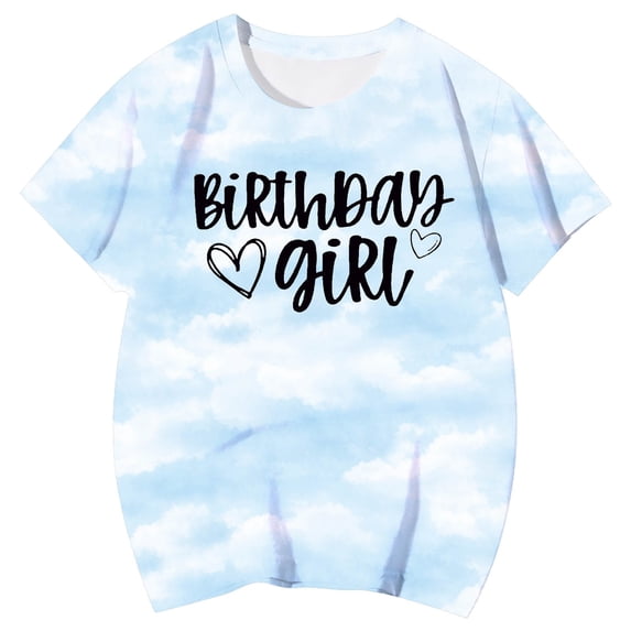 YUEHUA Kids' Tie-Dye Birthday Girl T-Shirt, Girls' Short Sleeve Tee, Pastel Cloud Print Top with Cursive Lettering for Casual Wear