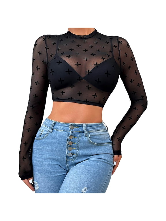 Lace Crop Tops for Women See Through Lace Undershirt Mesh Long Sleeve Blouse Neck Sheer Tops