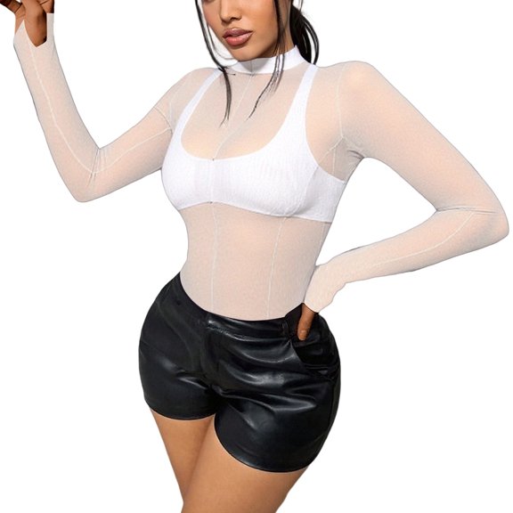 YUEHUA Lace Tops for Women Long Sleeve Sexy Mesh Top Going Out Dressy Sheer Top See Through