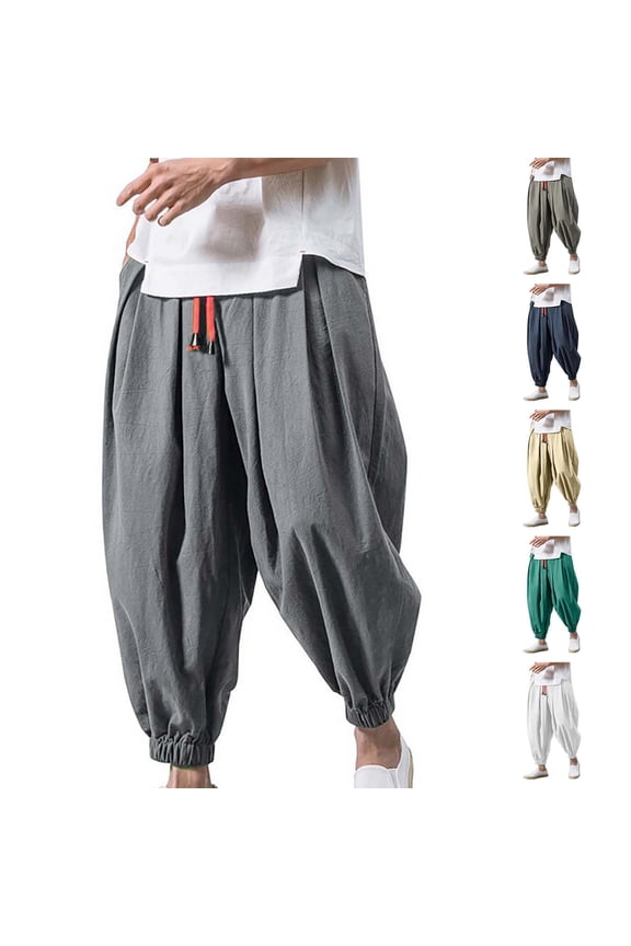 Linen Pants Men Casual Harem Pant Loose Stretchy Waist Hippie Drop Crotch Trousers Lightweight Loose Beach Yoga Pants