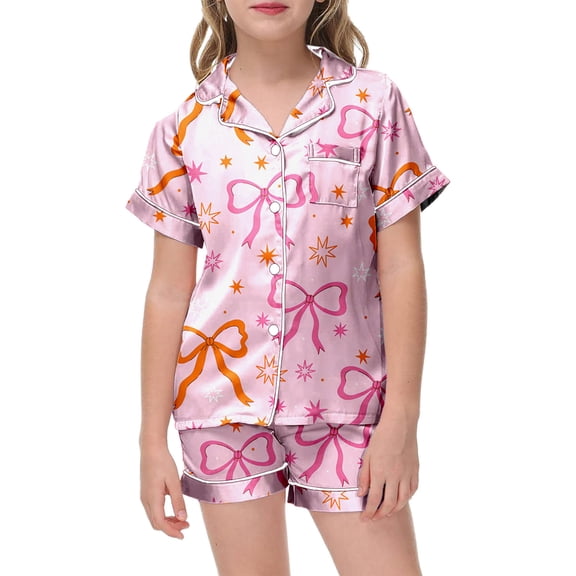 YUEHUA Little & Big Girls Pajamas , Satin Silky Pjs Set Kids 2Pcs Button-Down Valentine's Day Nightwear Sleepwear Gift for Kid, Size 8-9 Years