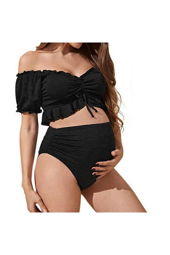 Maternity High Waist Swimsuit Ruffle Hem Bikini Bathing Suit Shirred Bandeau Two Piece Pregnancy Adjustable Straps Swimwear