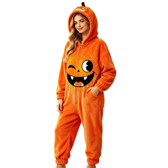 YUEHUA Men & Women Cute Pumpkin Halloween Onesie, Unisex Zip Up Hooded Plush Jumpsuit, Soft Flannel Relax Fit Indoor Sleep Loungewear with Pockets