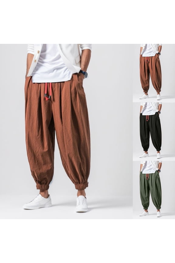 Men's Baggy Harem Pants Loose Elastic Waist Drawstring Casual Aladdin Hippie Dance Trousers with Pockets