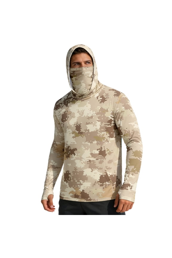 Men’s Camo Fishing Hooded Sun Protection Shirt, Full Face Cover UPF 50+ Long Sleeve Top, Breathable Quick Dry Performance Jacket