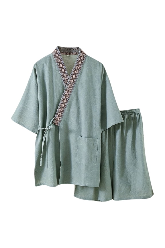 Men's Classical Traditional Japanese Style Pajamas, Stylish Cotton Bathrobe Kimono Pajamas Casual Clothes for Men and Women