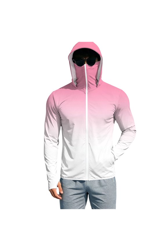 Men’s Gradient Hooded Sun Protection Jacket, Full Zip UV Block Coat with Face Cover, Quick Dry Breathable Windbreaker for Outdoor Activities