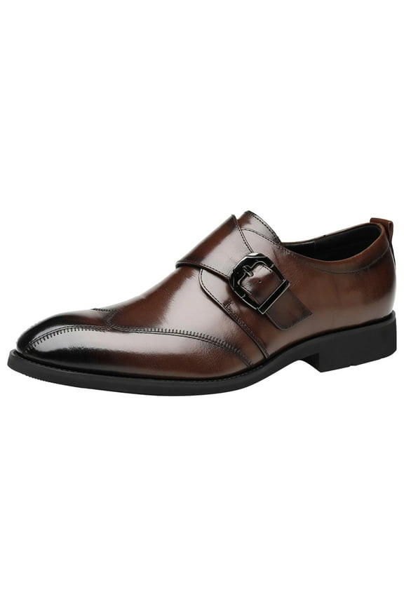 Men's Oxford Derby Shoes, Tan Brown Faux Leather, Monk Strap with Buckle, Cap Toe, Formal Dress Shoes