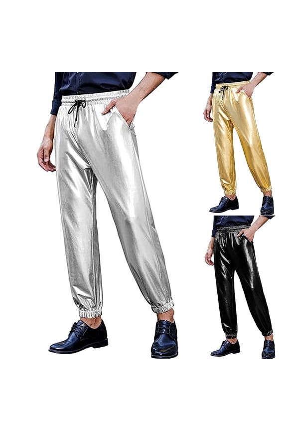 Men's Shiny Metallic Jogger Pants Breathable Party Night Bell Bottom Flares Trousers 70s Club Disco Vintage Long Pants