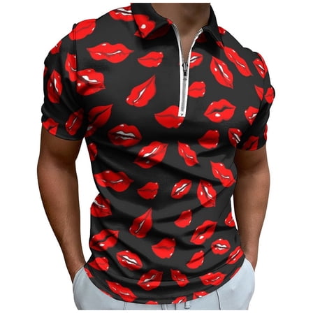 YUEHUA Mens Valentine's Day Polo Shirts Quick Dry Short Sleeve Heart Print Golf T Shirt Performance Moisture Wicking Casual Workout
