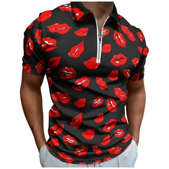 YUEHUA Mens Valentine's Day Polo Shirts Quick Dry Short Sleeve Heart Print Golf T Shirt Performance Moisture Wicking Casual Workout