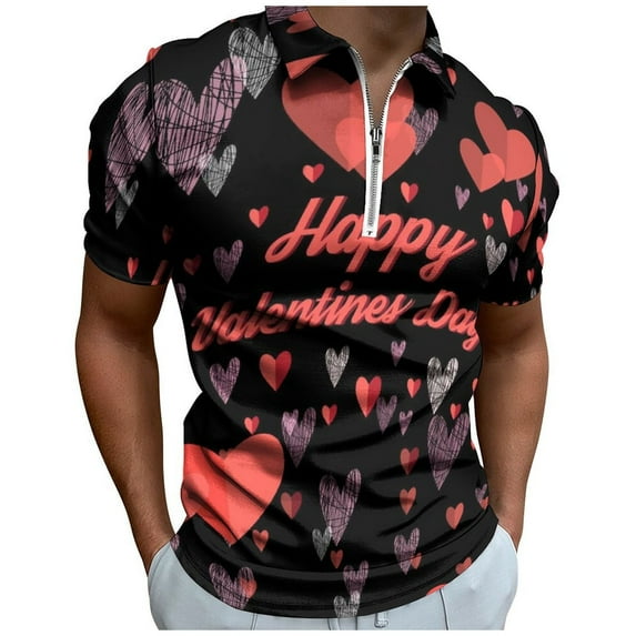 YUEHUA Mens Valentine's Day Polo Shirts Quick Dry Short Sleeve Heart Print Golf T Shirt Performance Moisture Wicking Casual Workout
