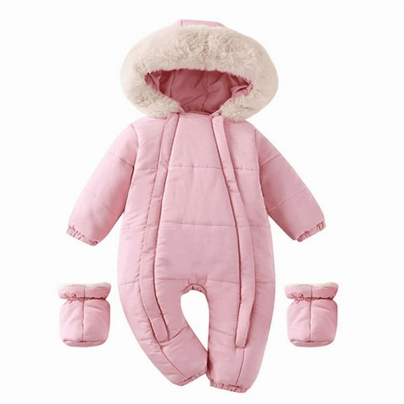 YUEHUA Newborn Baby Double Zipper Snowsuit and Foot Cover with Hood Newborn Infant Warm Puffer Padded Jumpsuit Thermal Outwear Pink, Size 0-3 Months