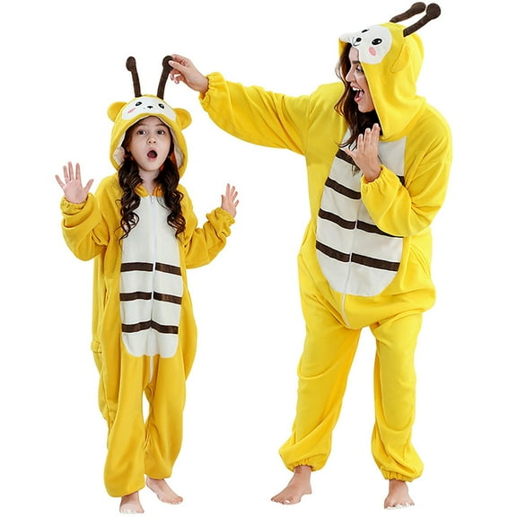 YUEHUA Onesie Animal One Piece Pajamas Christmas Bee Cos-tume Girls Boys Fleece Hooded Onesie Pajamas Cute Fuzzy Sleepwear Winter Warm Romper Outfits, 11-12 Years