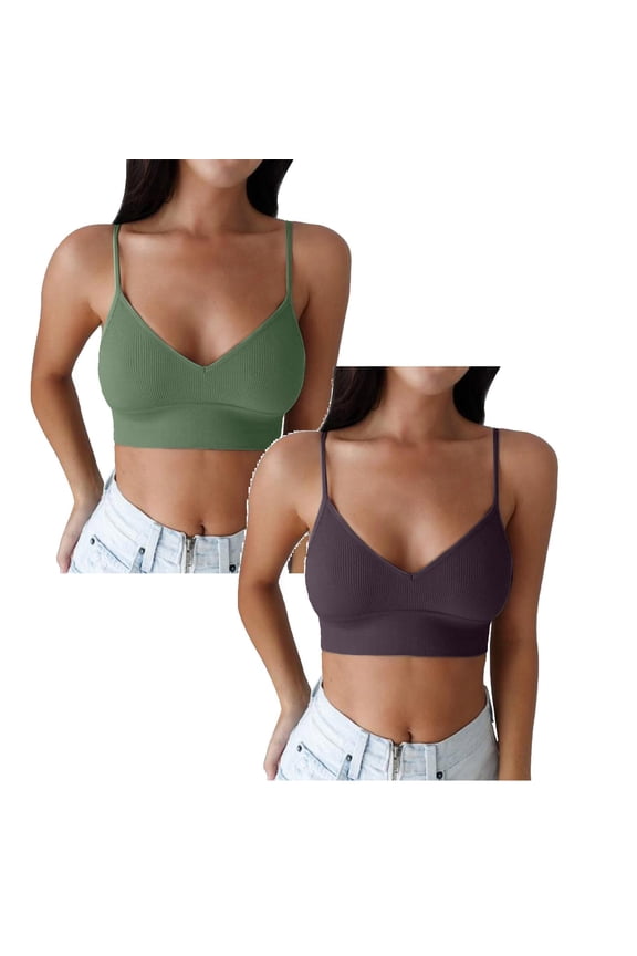 Pack of 2 Seamless Ribbed Sleep Bras for Women- Wireless, Padded Lounge Bra/Soft Sleeping Bralettes