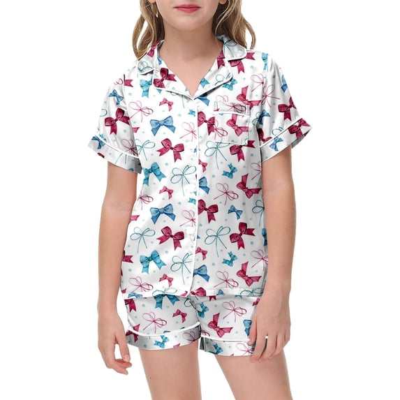 YUEHUA Pink 2 Piece Pajamas Outfits for Girls Bow Printed Pajama Set Silk Lapel Button Down Short Sets Cute Valentines Clothing Sets, Size 3-4 Years