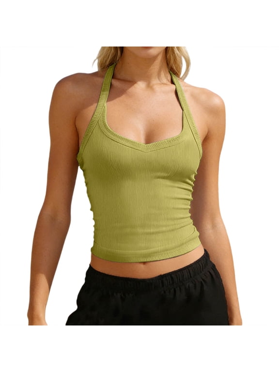 Ribbed Crop Tank Tops for Women Racerback Scoop Neck Cami Slim Fitted Basic Cropped Tank Top