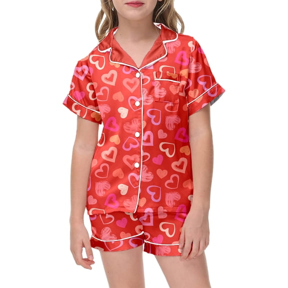 YUEHUA Satin Pajamas for Girls, 2-Piece Heart Print Short Sleeve Button Down Silky Valentines PJ Set for Toddler Kid