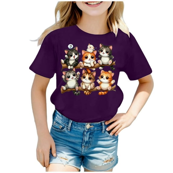 YUEHUA Sch+ool Clothes for Girls Girls Summer Tops Cute Cat Print Short Sleeve Tee Loose Fit Round Neck Casual Shirt for Toddler Kids Comfortable Breathable, Size 8-10 Years