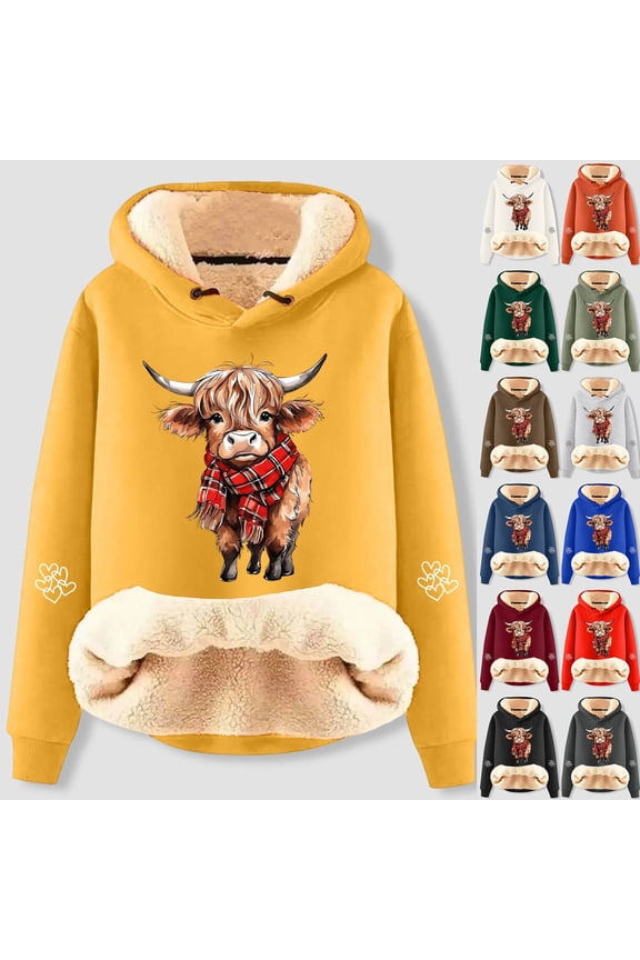 Sherpa Lined Hoodie Women Highland Cow Graphic Pullover Jumper Thicken College Hooded Sweatshirts