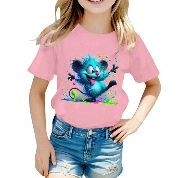YUEHUA Shirts for Girls 10-12 Girls Summer Short Sleeve T Shirt Cute Animal Print Casual Loose Fit Tee for Kids Comfortable Daily Wear Top for Spring and Summer, Size 6-7 Years