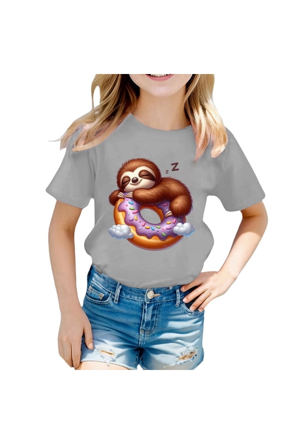 Shirts for Girls Back To Sch+ool Girls Summer Sloth Print Short Sleeve T Shirt Casual Loose Fit Round Neck Tee for Kids Toddler Youth Comfortable Daily Wear Top, Size 6-7 Years