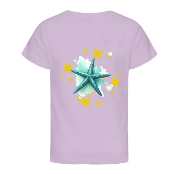 YUEHUA Shirts for Girls Size 8 Summer Girls' Large Sized Round Neck Star Patterned Floral Short Sleeved Loose Fitting Casual T Shirt for Girls, Size 3-4 Years