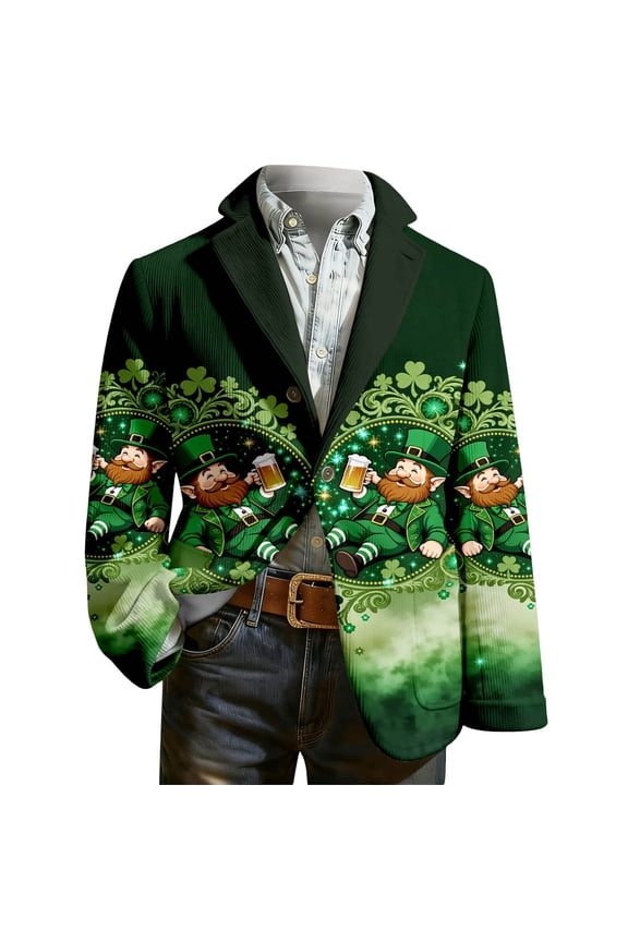 St Patricks Day Shirt Men Shamrock Print Lapel Suit Blazer Casual Funny Irish Shirts Button Up Wrinkle-Resistant Corduroy Jackets